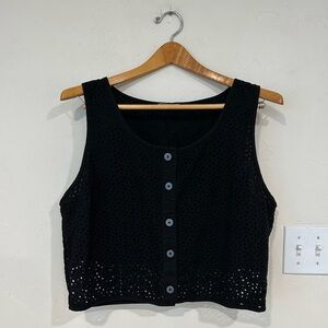 Everlane Tank Top Womens L Black Crop Blouse Eyelet Button 100% cotton Crochet